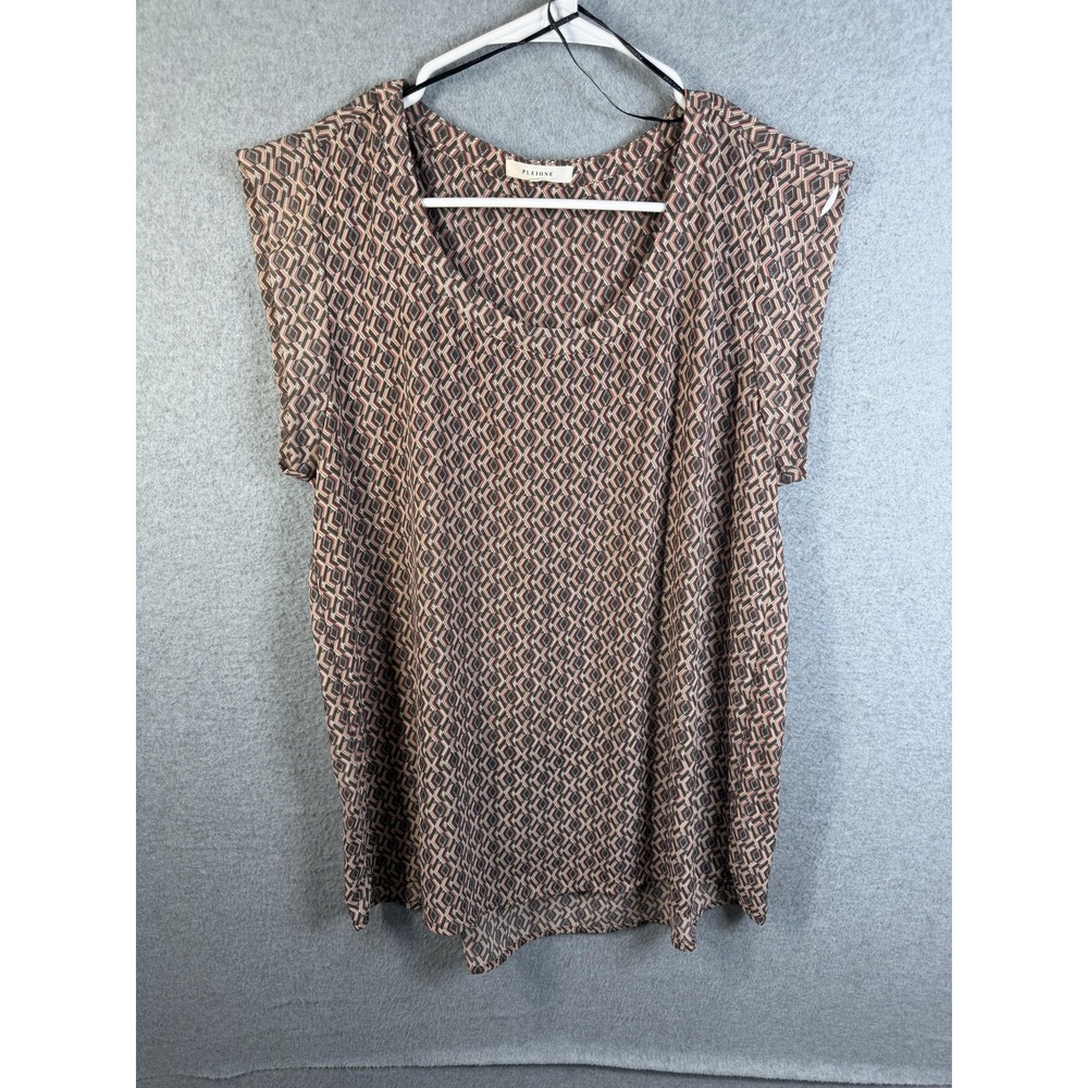 Pleione Blouse Womens Medium Brown Geometric Scoop Neck Cap Sleeve Tunic Top